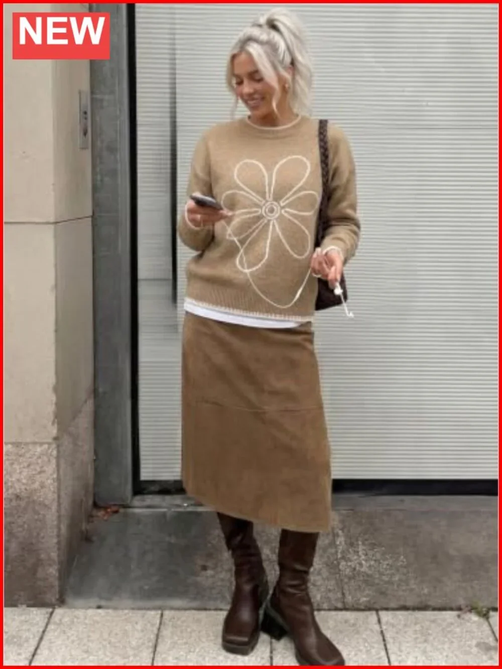 Women's Floral Oversized Knit Pullover Sweater Crew Neck Long Sleeve